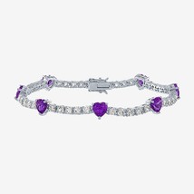 6mm Heart Shape Simulated Amethyst Tennis Bracelet 14K White Gold Plated 7&quot; - £94.68 GBP
