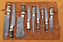 Beautiful Custom handmade Damascus steel chef knives set 9 pcs with leat... - $480.00