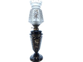 c1880 Bohemian black glass Hand Enameled Butterflies Electrified Oil lamp - $940.50