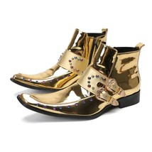 Gold Patent Leather Men Ankle Boots Buckle Straps Sqaure Toe Shoes Colorful Rive - £110.69 GBP