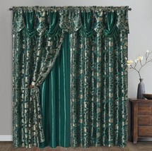 Green Window Curtains 2 With Valance Drapes Panels Luxury Living Room Gold Rod - £43.37 GBP