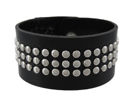 5847 black leather chrome small 3 row round studs wristband 1m thumb200