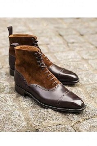 Men Brown High Ankle Two Tone Suede Leather Derby Cap Rounded Toe Laceup Boots