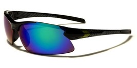 Semi-Rimless Warp Around Sunglasses Faux Carbon Fiber Blue/Green/Yellow/Orange - £7.85 GBP