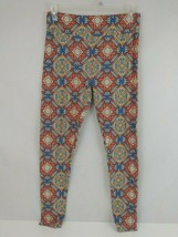 LuLaRoe Tall &amp; Curvy Leggings Blue, Orange, Red &amp; White Damask Mosaic Design - £8.40 GBP