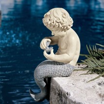 Young Little Sitting Mermaid Garden Statue with Oyster and Pearl - £80.46 GBP
