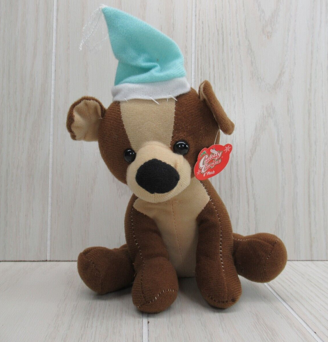Kuddle Me Toys brown tan puppy dog small green Santa Hat Cuddly Cousins READ - $4.94