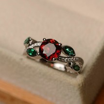 1.75Ct Round Cut Red Garnet &amp; Emerald Diamond Pretty Ring 14k White Gold Finish - £94.62 GBP