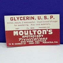 Drug store pharmacy ephemera label advertising Glycerin Moultons Pensaco... - £9.45 GBP