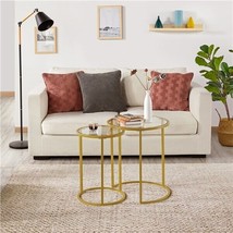 Round Nesting End Table Set Of 2, Sofa Side Table With Metal Frame And Glass Top - £83.34 GBP
