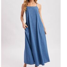 Denim Chambray Open Back Maxi Dress - Sleeveless Tent Dress with Pockets... - $64.35