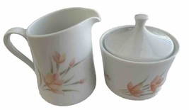 Corning Ware Peach Floral Sugar Bowl with Lid and Creamer White w Peach Flowers - £23.97 GBP