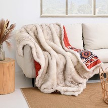 Luxury Plush Faux Fur Throw Blanket With Aztec Pattern, Super Warm, Fuzzy, Elega - £81.52 GBP