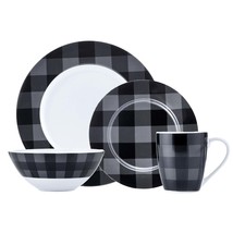 Dinnerware Set 16 Piece Buffalo Plaid Grey Black Service for 4 - $75.55