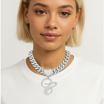 Letter “C” Heart Pendant Necklace – Silvery Cuban Chain with Rhinestones - $14.85