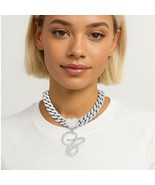 Letter “C” Heart Pendant Necklace – Silvery Cuban Chain with Rhinestones - $273.89 MXN