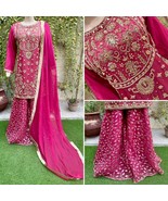 Pakistani Hot Pink  jewel work Organza 3pcs Sharara Dress,L - $215.96 CAD