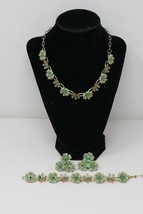 Green Lucite &amp; Rhinestone Goldtone Flowers Demi Parure Jewelry Set - £71.92 GBP