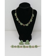 Green Lucite &amp; Rhinestone Goldtone Flowers Demi Parure Jewelry Set - £70.76 GBP