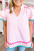 Pink Stripe Ricrac Trim Split Neck Striped Ruffled Sleeve Blouse - £30.08 GBP