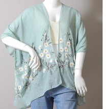 Embroidered Spring Daisy Woven Kimono Wrap Shawl Boho Floral Sage Green - £22.45 GBP