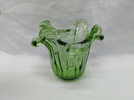 Vintage MCM Green Swung Art Glass Dish Bowl 3 1/4&quot; X 3 1/4&quot; - £27.99 GBP