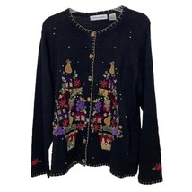 Victoria Jones Vintage Sweater Womens XL Black Holiday Christmas Knit Cardigan - $28.00