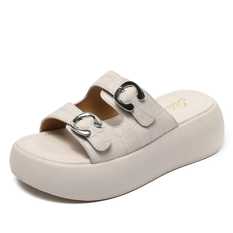 E slides summer women platform slippers concise genuine leather open toe slip on wedges thumb200