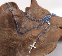 Vintage Silver Blue Beaded INRI Jesus Crucifix Cross Pendant Rosary Neck... - $16.00 CAD