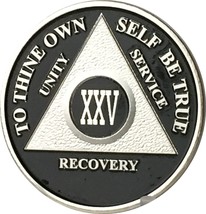 Black &amp; Silver Plated 25 Year AA Alcoholics Anonymous Sobriety Medallion Vinyl P - £14.40 GBP