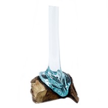 Molten recycled hand-blown Glass on HAND-CARVED GAMAL Wood - Vase - £55.67 GBP