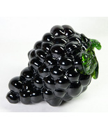Art Glass Black Grape Cluster w Green Leaf Fruit Paperweight 6&quot; Long - £5.09 GBP