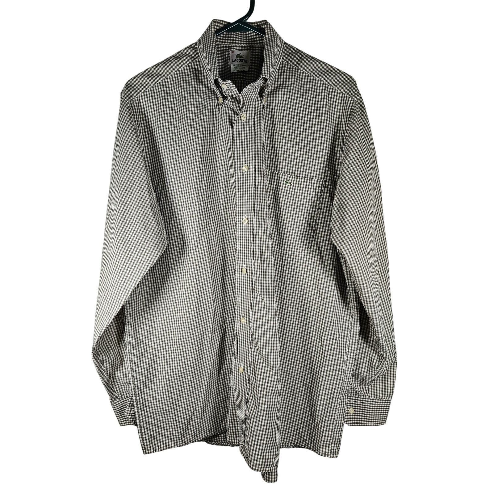 Lacoste Men&#39;s Button Down Long Sleeve Casual Shirt Gray White Plaid Size 40 - $18.99
