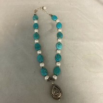 Turquoise &amp; Faux Pearl 16 Inch Necklace &amp; Silver Tone Pendant 925 Clasp - £19.63 GBP