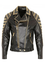 Men&#39;s Black Color Genuine Leather Golden Black Studded Belted Handmade Jacket - £219.29 GBP