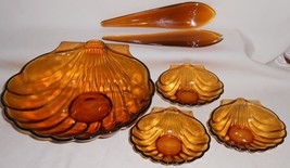 1960s-70s Indiana Glass Shell Shape 5 Pc Salad Bowl Set Amber Glass - $49.49