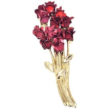 Vintage Red Roses Pin Brooch DM 97 Bouquet Gold Tone 2&quot; Long - £6.99 GBP