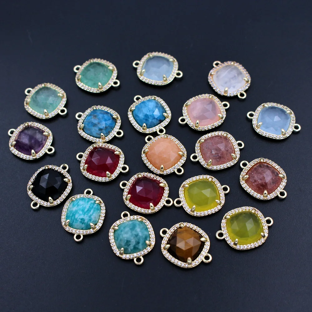 10pcs Trendy Square Faceted Natural Stone Double Hole Connectors Charms CZ Paved - £47.18 GBP