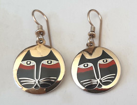 Laurel Burch MOON CAT Round Gold Tone and Enamel Pierced Earrings Vintage - £26.14 GBP