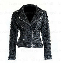 New Woman&#39;s Black Brando Style Silver Studded Bike Cowhide Leather Jacket-143 - £416.76 GBP