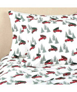 Red Truck Christmas Tree Heavyweight Twin Flannel Sheet Set Cabin Rustic... - £63.36 GBP