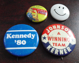 Lot of 4 Vintage Political Metal Pinbacks - Kennedy 80 Johnson Women&#39;s Union Pin - £19.84 GBP