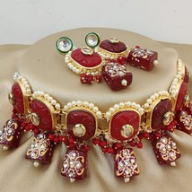 Indian Bollywood Style Gold Plate Kundan Choker Necklace Ruby Red Jewelry Set - £38.07 GBP