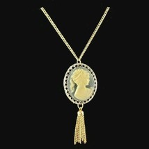 Women Victorian Lady Pendant Necklace Silver Gold-Tone Green Vintage Cameo Gift - £40.87 GBP