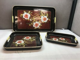 Vintage SET Three FAUX Toleware LACQUERWARE Asian STYLE Nesting TRAYS - £25.31 GBP