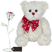Bearington Teddy Bear,White + Chrome Plated Silver Rose Flower Tabletop Ornament - £43.15 GBP