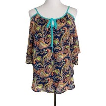 Umgee Womens Shirt Size Medium Blue Paisley Cold Shoulder Lined Tie Short Sleeve - £17.61 GBP