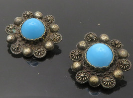 925 Sterling Silver - Vintage Turquoise Flower Motif Non Pierce Earrings- EG7191 - £41.08 GBP
