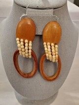 Vintage 1980s Clip Earrings Large 2 Tone Wood Dangles Estate Retro Jewelry - £13.55 GBP