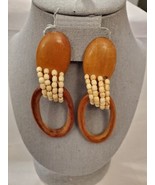Vintage 1980s Clip Earrings Large 2 Tone Wood Dangles Estate Retro Jewelry - £13.51 GBP